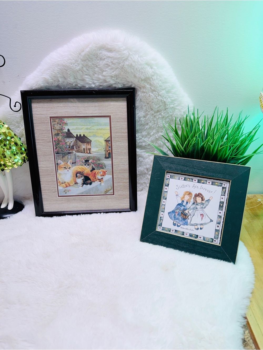 2 Handcrafted Green Framed Sister’s Art & Brown Framed Cats At Play Wall Art 🖼️